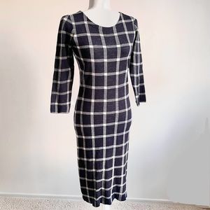 Deguy Merino Wool Plaid Bodycon Midi Dress, Blue Black Large